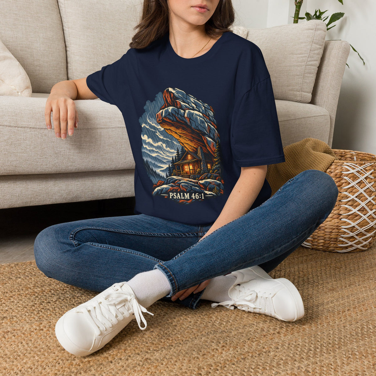 Psalm 46:1 Christian Shirt | Refuge in the Storm Cabin Graphic Tee | Inspirational Scripture T Shirt | Faith Gift for Men and Women