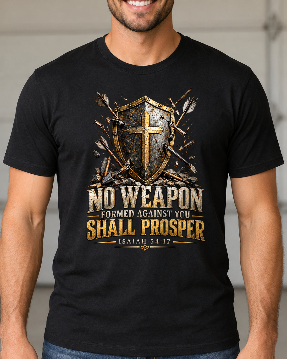 No Weapon Christian T-Shirt | Isaiah 54:17 Shield and Cross Graphic