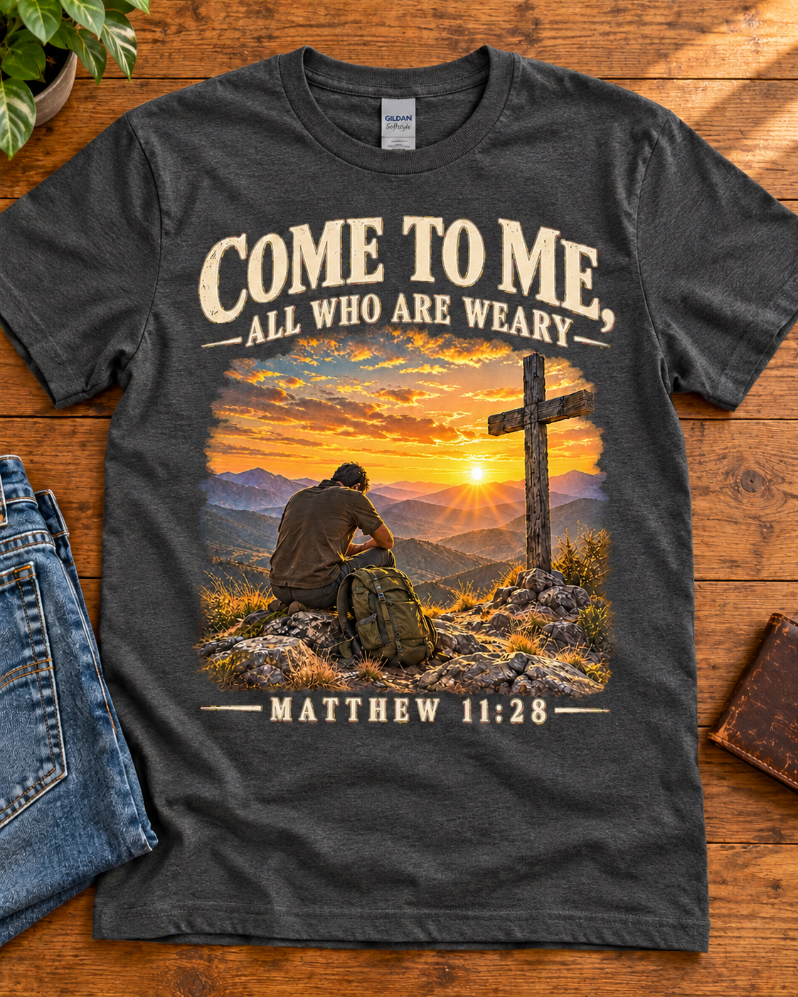 Come to Me Christian T-Shirt | Matthew 11:28 Mountain Cross and Hiker Graphic