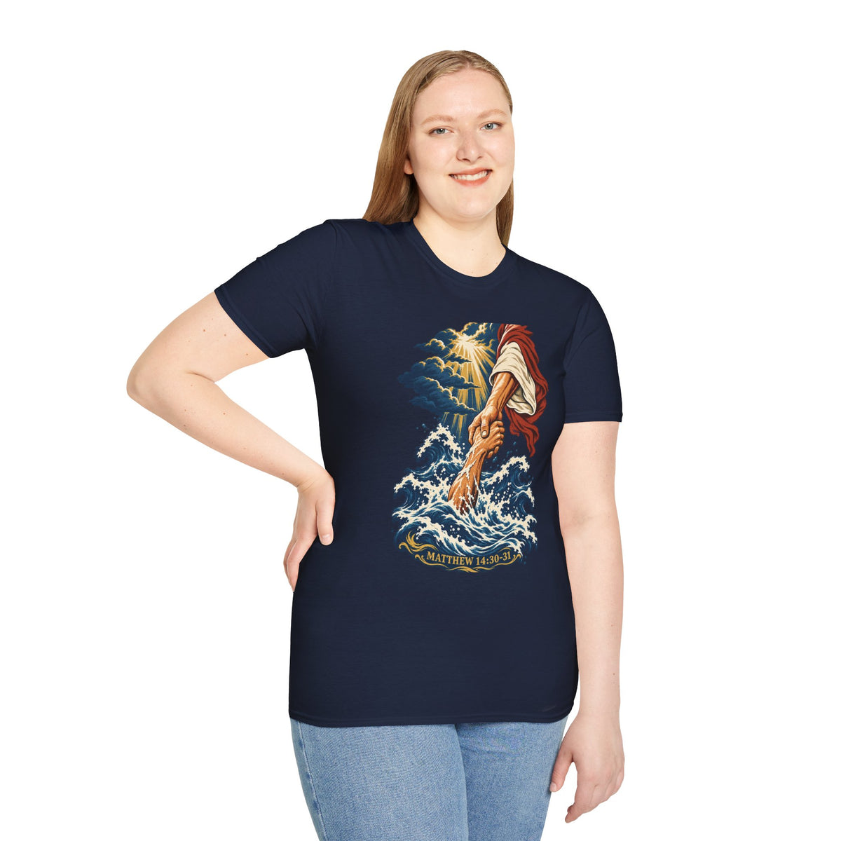 Matthew 14:30-31 Christian Shirt | Jesus Rescues Peter Wave Graphic Tee | Inspirational Scripture T Shirt | Faith Gift for Men and Women
