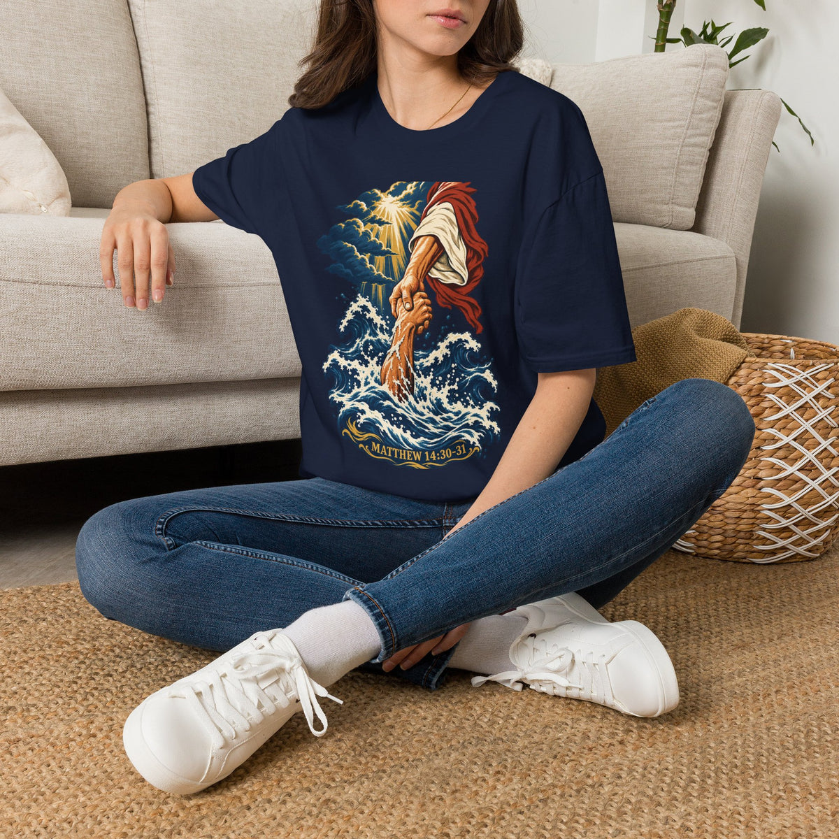 Matthew 14:30-31 Christian Shirt | Jesus Rescues Peter Wave Graphic Tee | Inspirational Scripture T Shirt | Faith Gift for Men and Women