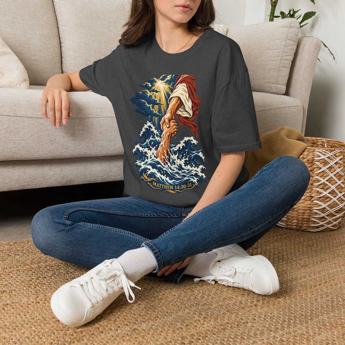 Matthew 14:30-31 Christian Shirt | Jesus Rescues Peter Wave Graphic Tee | Inspirational Scripture T Shirt | Faith Gift for Men and Women