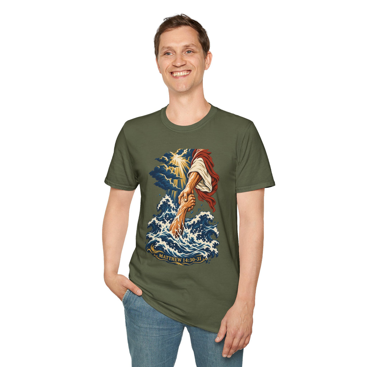 Matthew 14:30-31 Christian Shirt | Jesus Rescues Peter Wave Graphic Tee | Inspirational Scripture T Shirt | Faith Gift for Men and Women