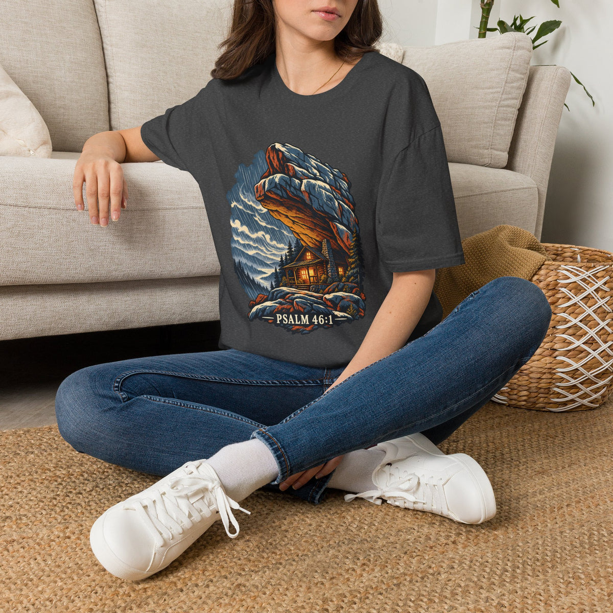 Psalm 46:1 Christian Shirt | Refuge in the Storm Cabin Graphic Tee | Inspirational Scripture T Shirt | Faith Gift for Men and Women