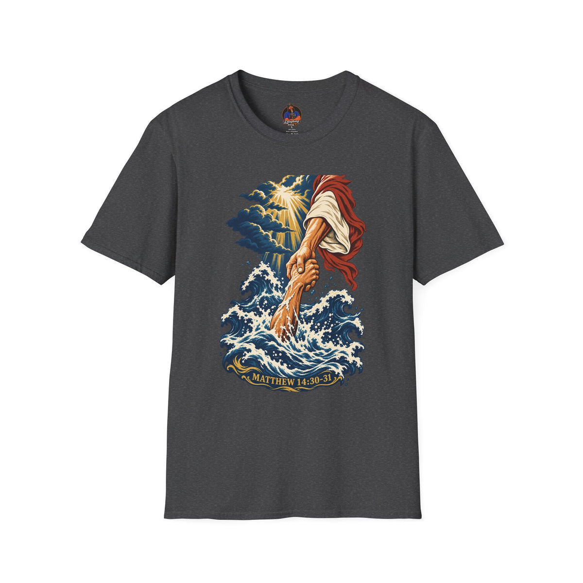 Matthew 14:30-31 Christian Shirt | Jesus Rescues Peter Wave Graphic Tee | Inspirational Scripture T Shirt | Faith Gift for Men and Women