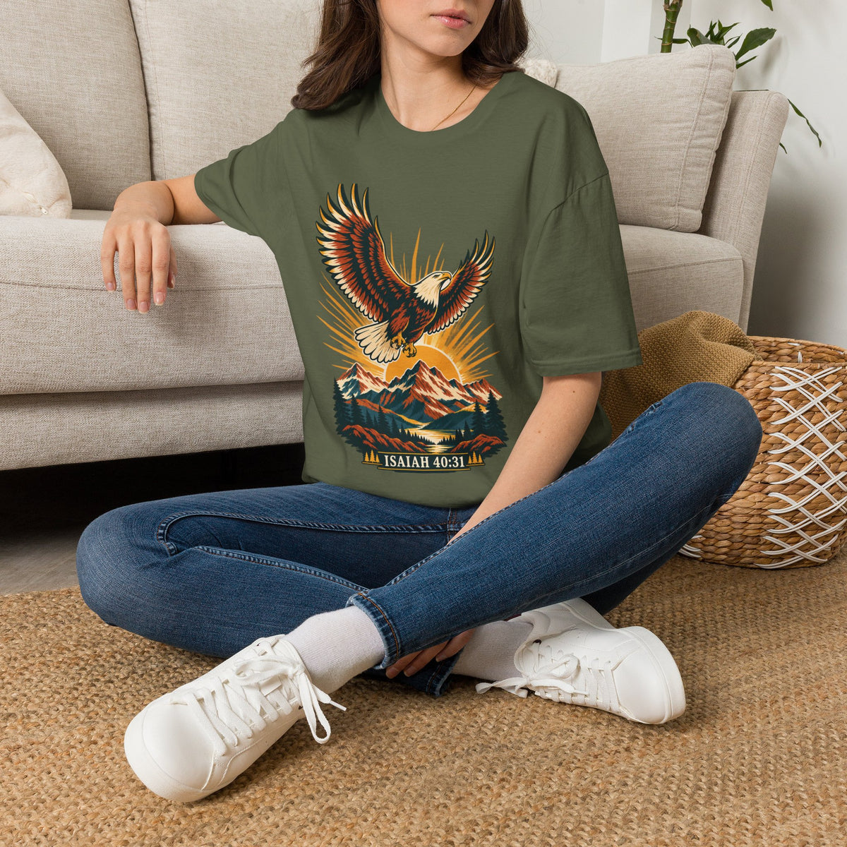 Isaiah 40:31 Eagle Shirt | Christian Mountain Graphic Tee | Renewed Strength Scripture T Shirt | Inspirational Faith Gift for Men and Women