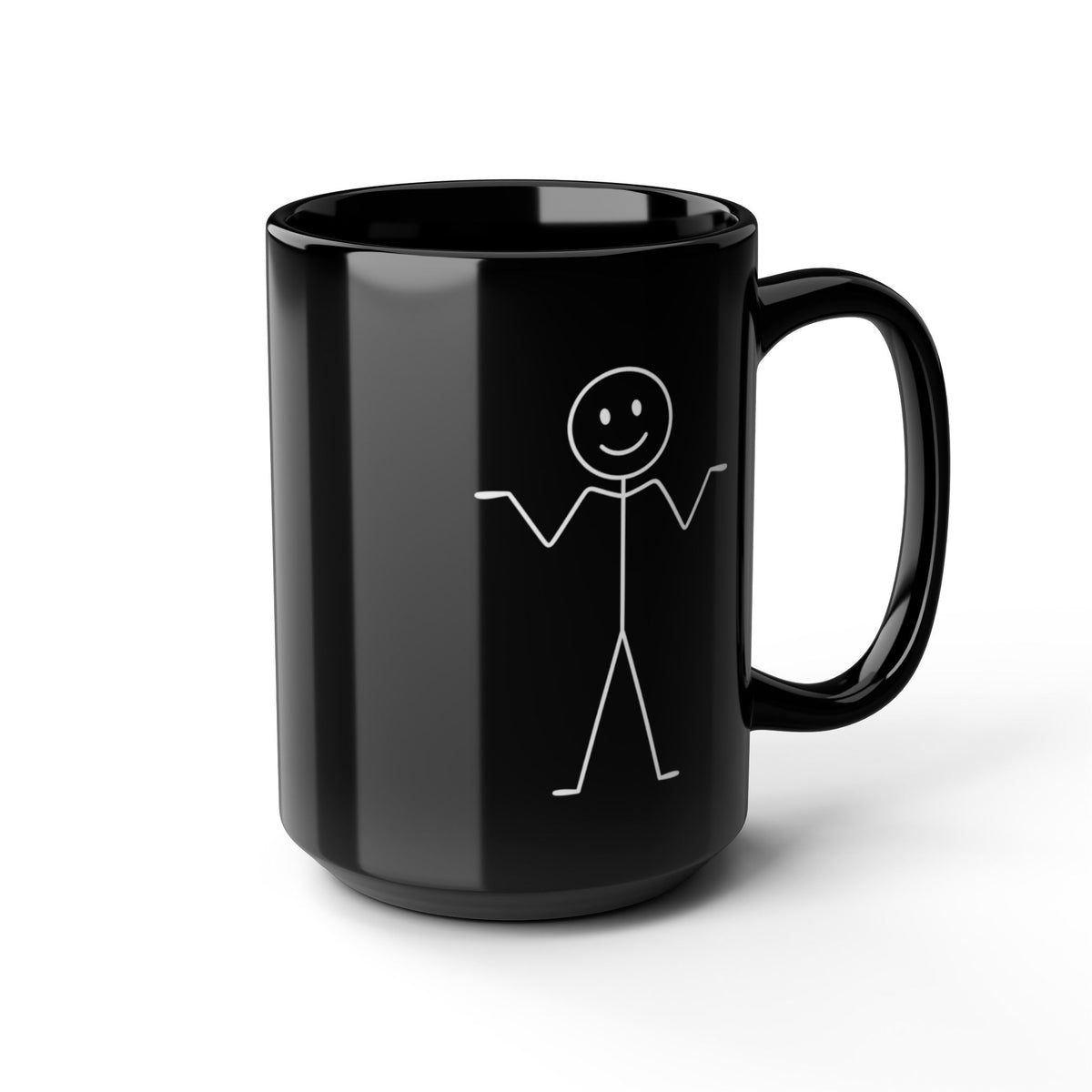 Shrugging Stick Figure Black Mug, Funny Minimalist Coffee Cup