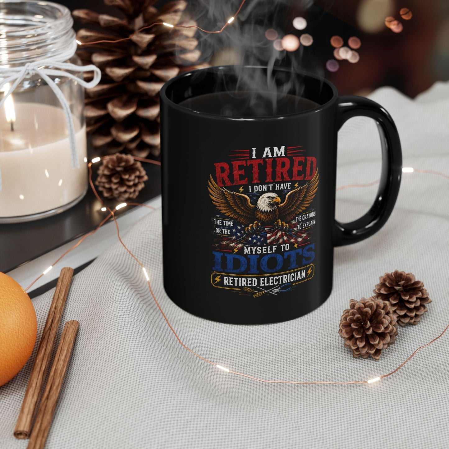 Retired Electrician Mug, Patriotic Eagle and American Flag Coffee Cup