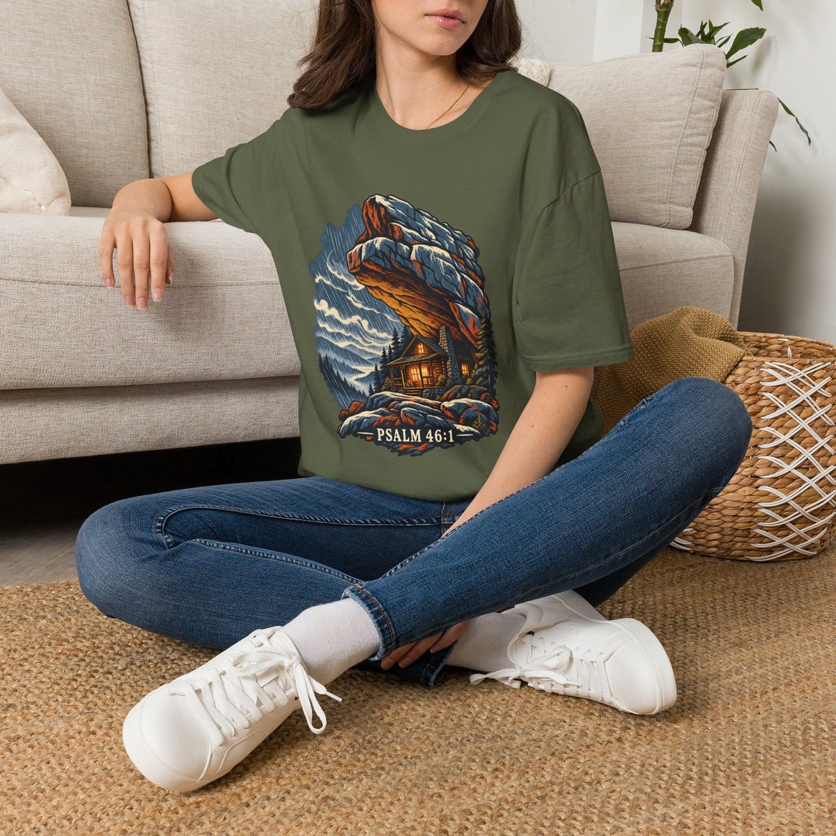 Psalm 46:1 Christian Shirt | Refuge in the Storm Cabin Graphic Tee | Inspirational Scripture T Shirt | Faith Gift for Men and Women