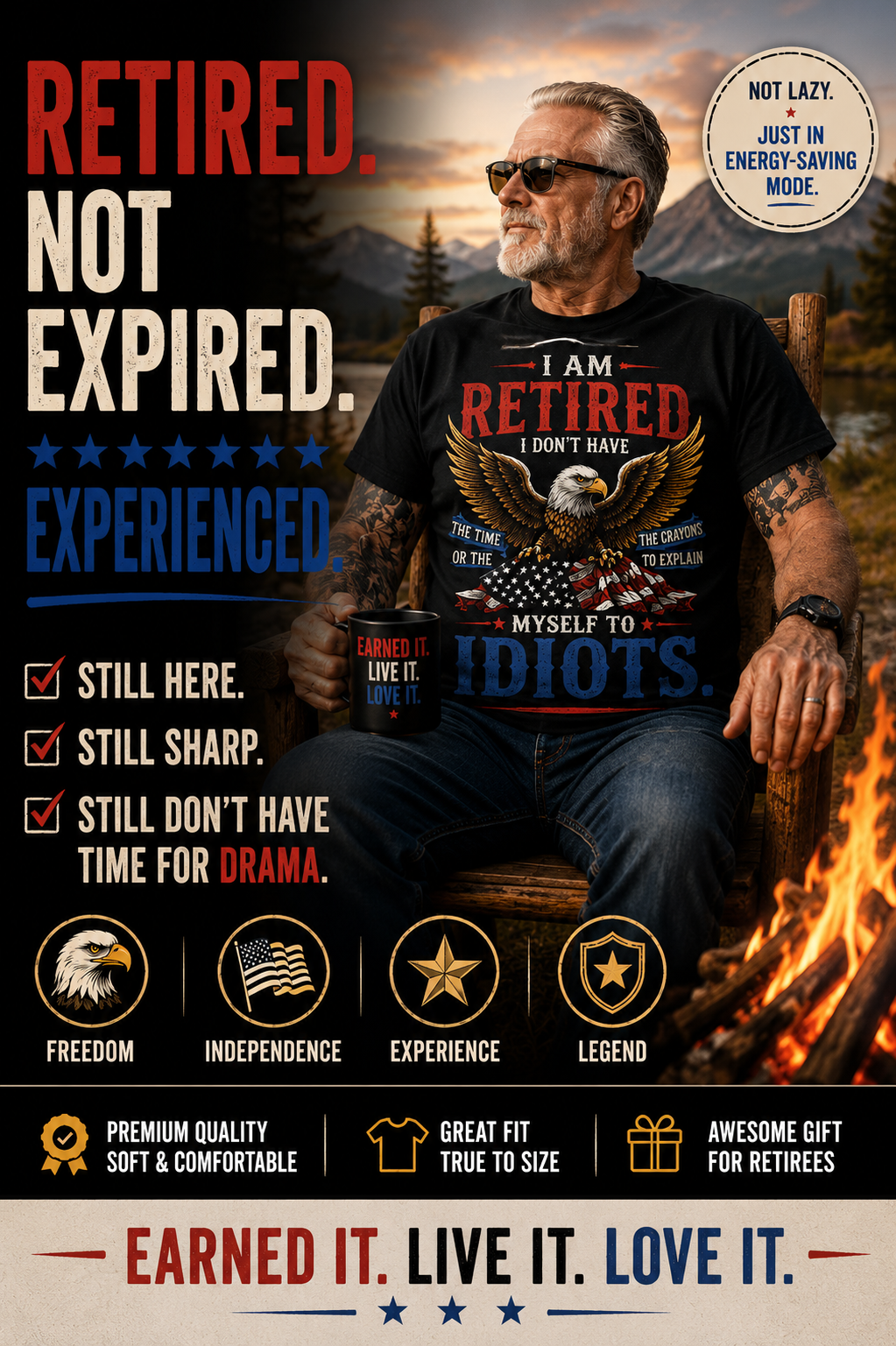 Retired and No Time for Idiots T-Shirt, Funny Eagle Retirement Tee