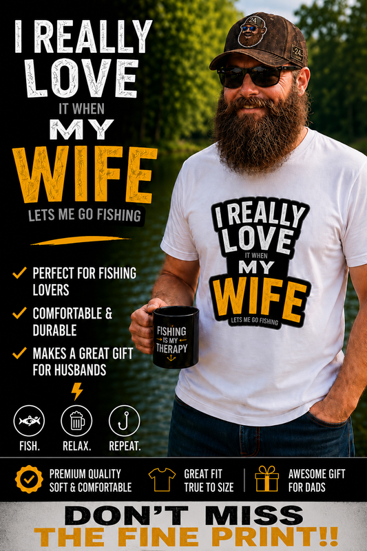 My Wife Lets Me Go Fishing T-Shirt, Funny Husband Fishing Tee