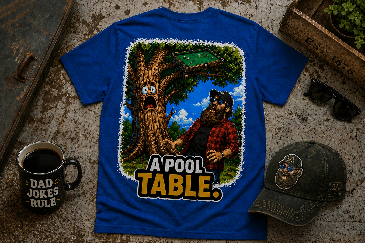 Pool Table Tree Riddle T-Shirt, Funny Dad Joke Front and Back Tee