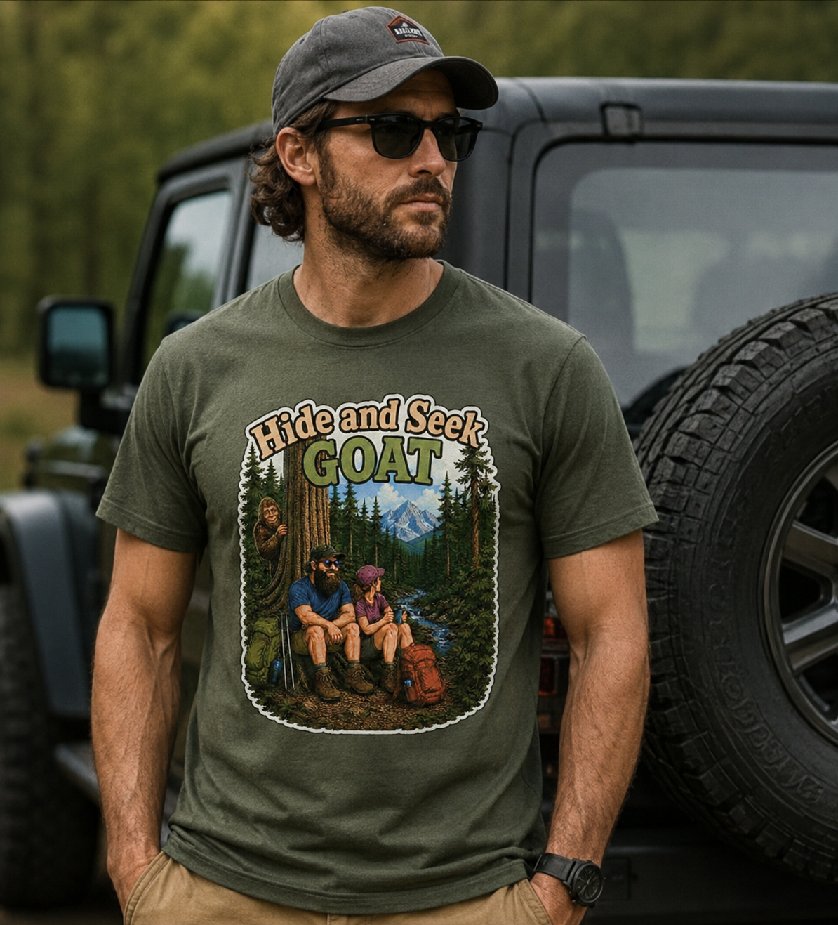 Hide and Seek GOAT Bigfoot T-Shirt, Funny Sasquatch Camping Tee