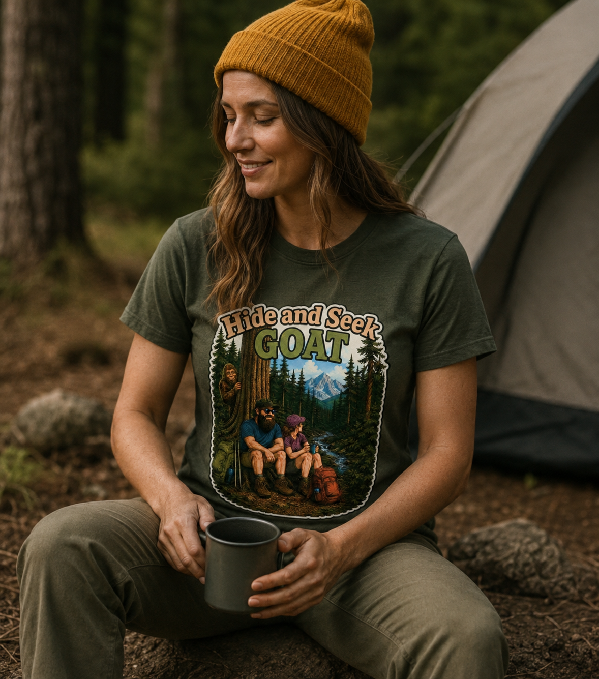 Hide and Seek GOAT Bigfoot T-Shirt, Funny Sasquatch Camping Tee