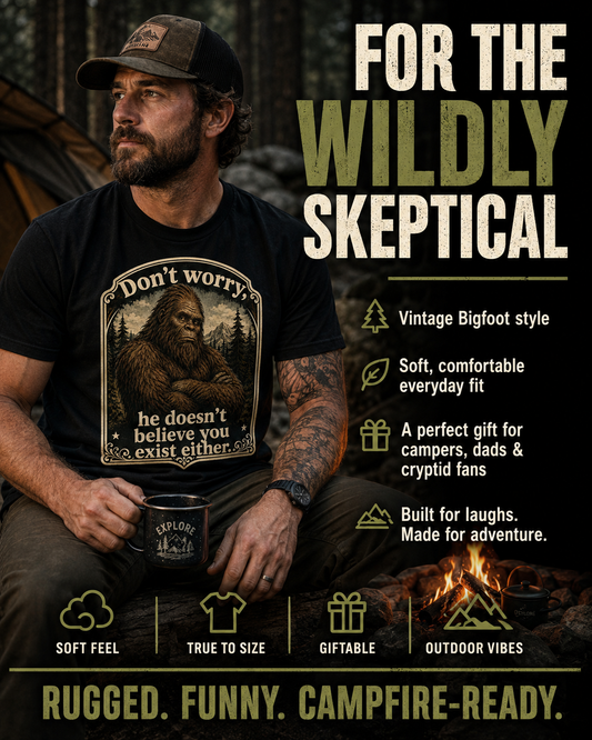 Skeptical Sasquatch T-Shirt, Funny Bigfoot Camping Graphic Tee
