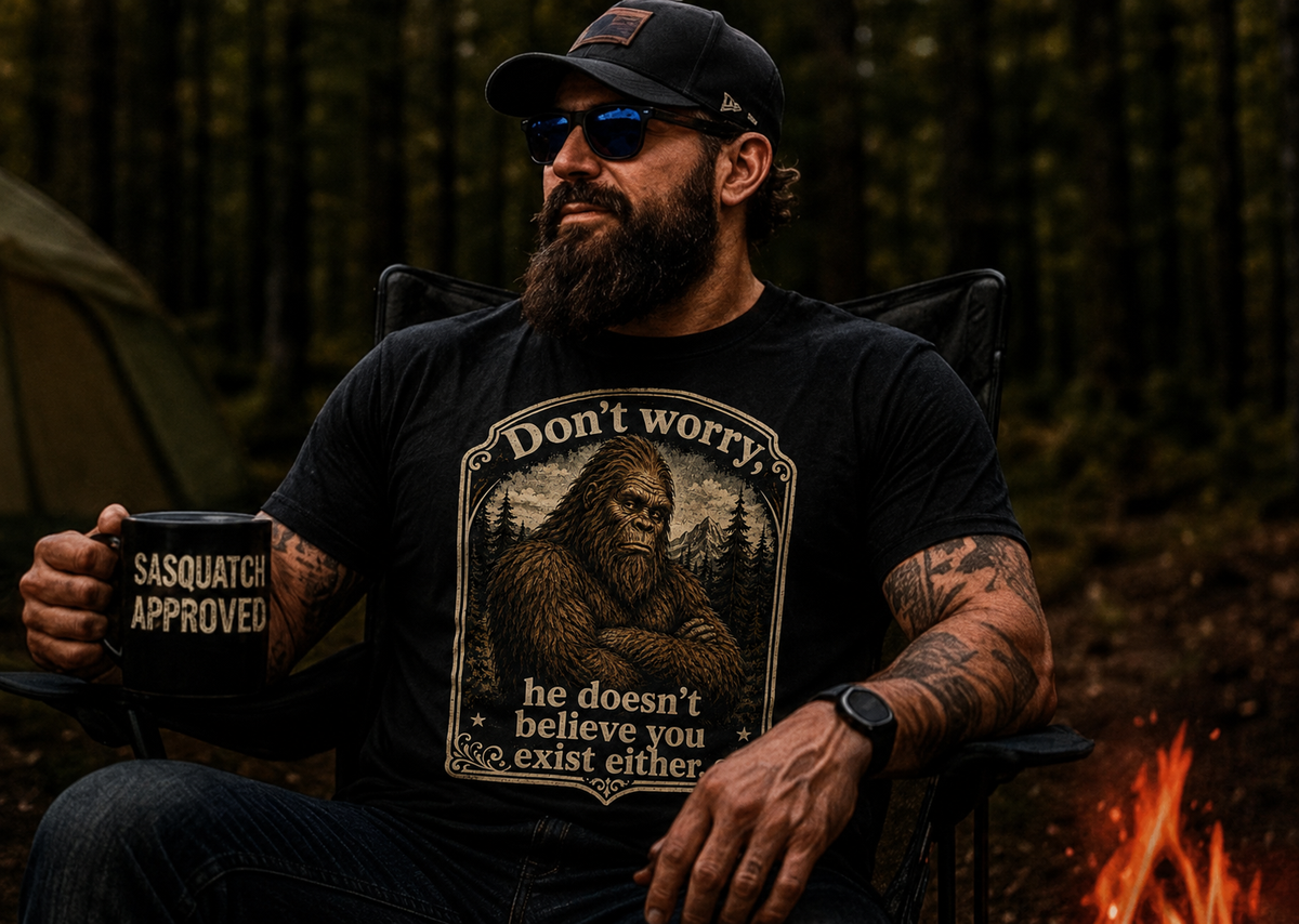 Skeptical Sasquatch T-Shirt, Funny Bigfoot Camping Graphic Tee