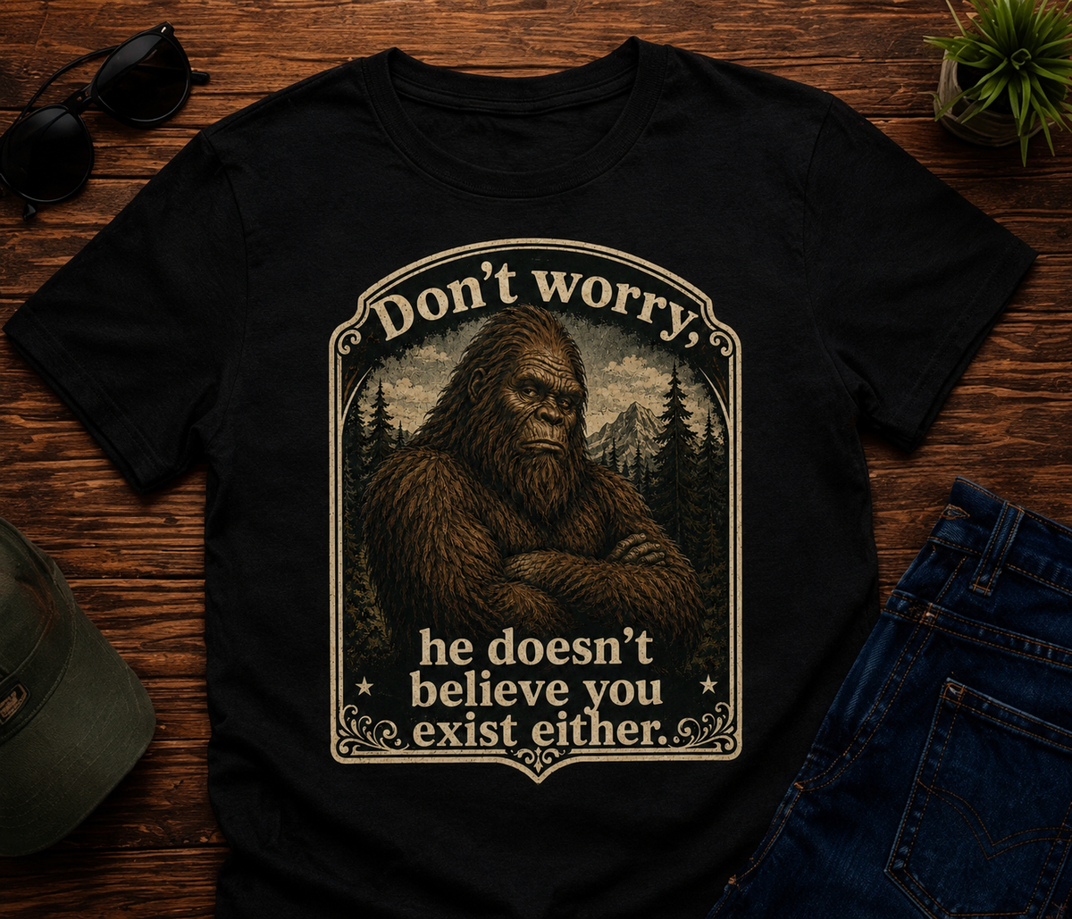 Skeptical Sasquatch T-Shirt, Funny Bigfoot Camping Graphic Tee