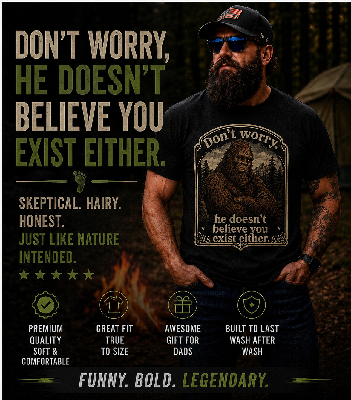 Skeptical Sasquatch T-Shirt, Funny Bigfoot Camping Graphic Tee