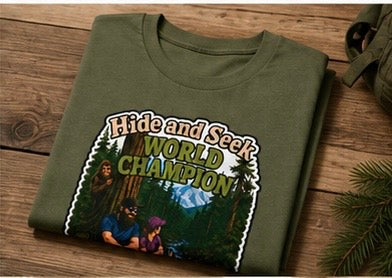 Hide and Seek World Champion Bigfoot T-Shirt, Funny Sasquatch Hiking Tee