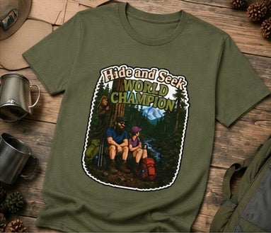 Hide and Seek World Champion Bigfoot T-Shirt, Funny Sasquatch Hiking Tee