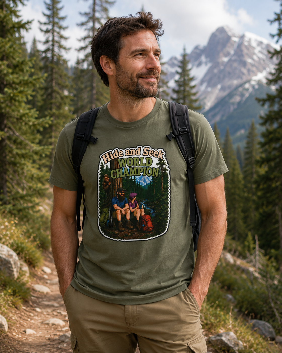 Hide and Seek World Champion Bigfoot T-Shirt, Funny Sasquatch Hiking Tee