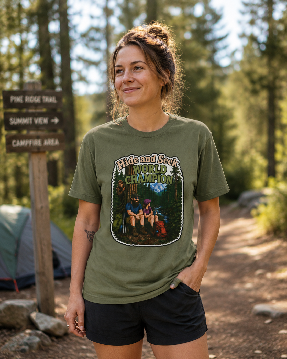 Hide and Seek World Champion Bigfoot T-Shirt, Funny Sasquatch Hiking Tee