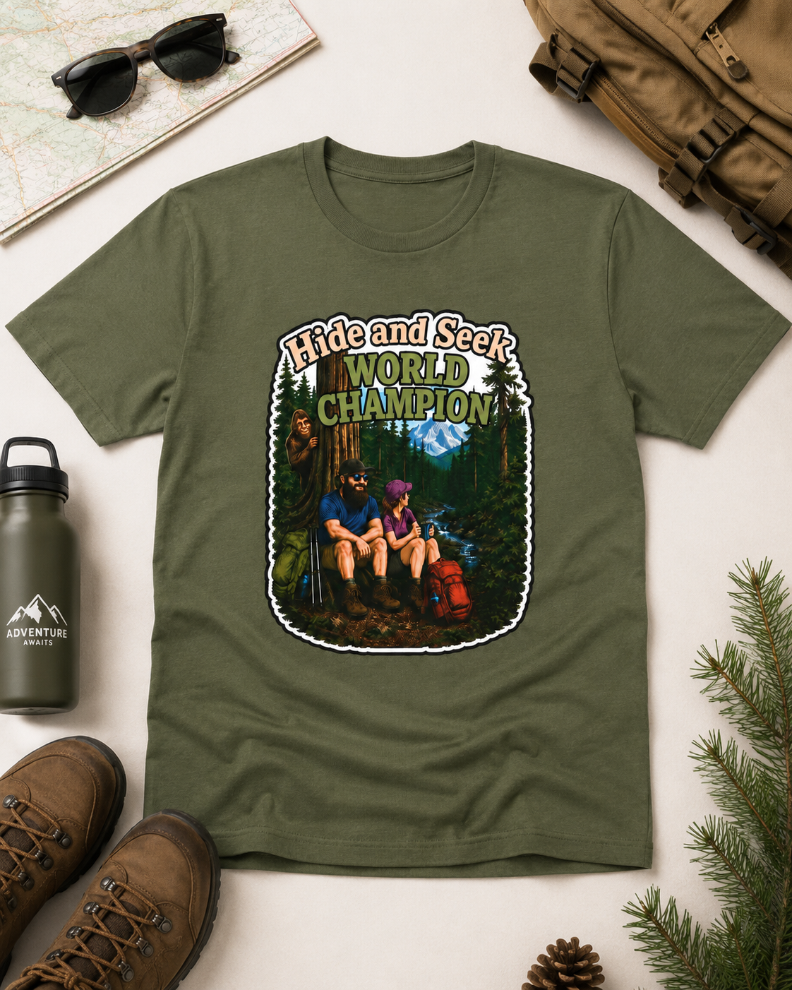 Hide and Seek World Champion Bigfoot T-Shirt, Funny Sasquatch Hiking Tee
