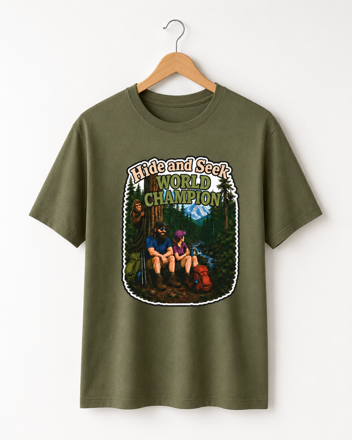 Hide and Seek World Champion Bigfoot T-Shirt, Funny Sasquatch Hiking Tee
