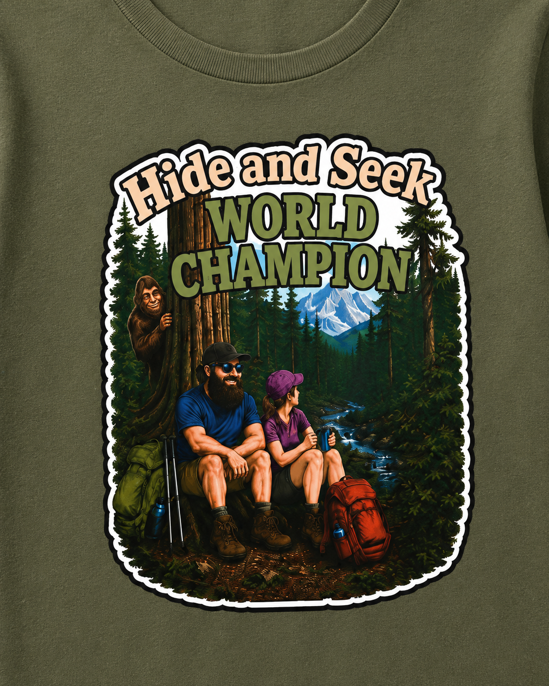 Hide and Seek World Champion Bigfoot T-Shirt, Funny Sasquatch Hiking Tee