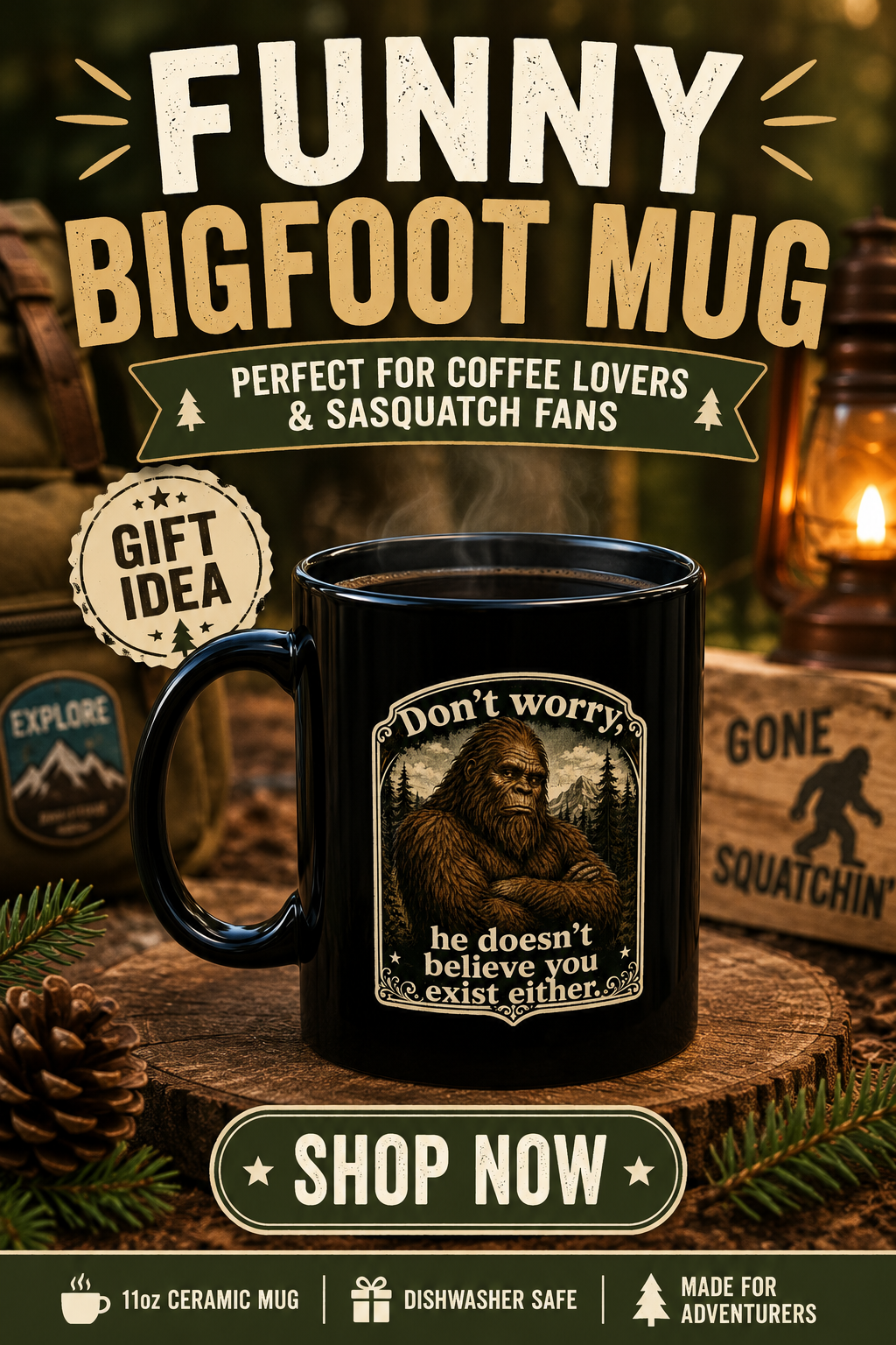 Bigfoot Black Coffee Mug, Funny Sasquatch Cryptid Gift