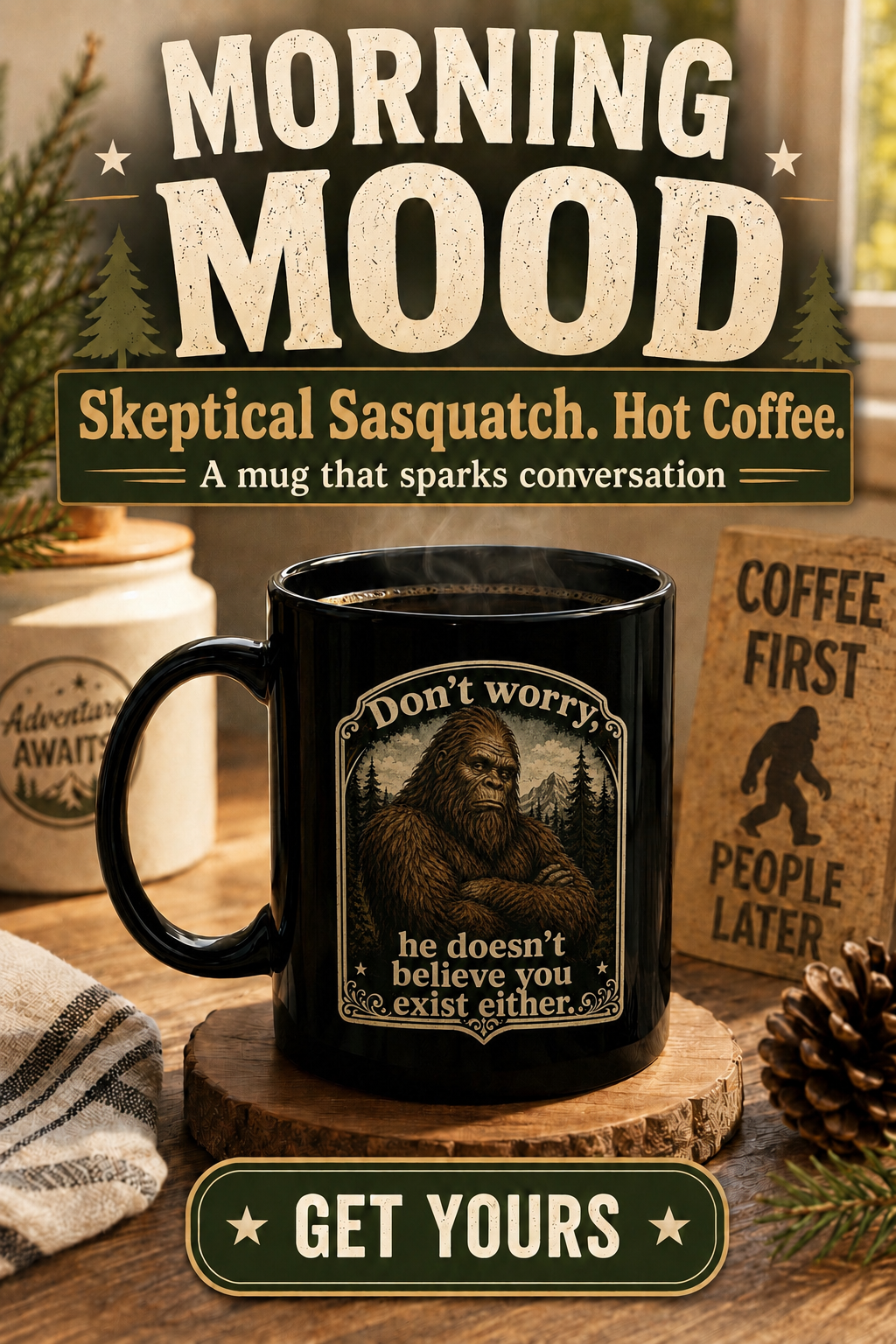 Bigfoot Black Coffee Mug, Funny Sasquatch Cryptid Gift