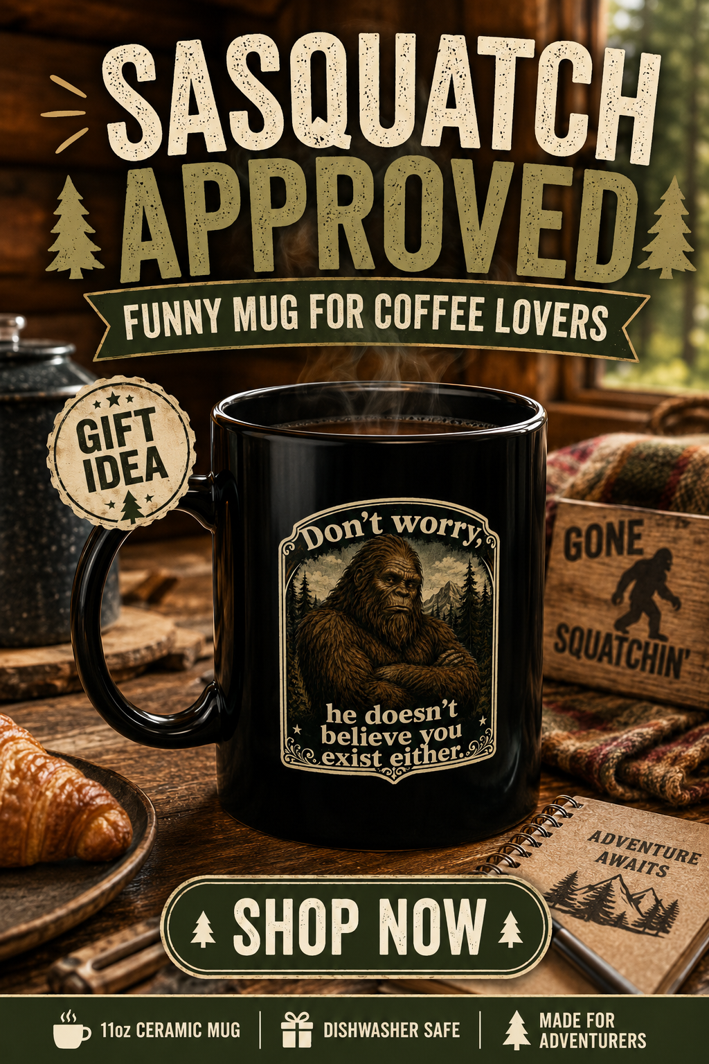 Bigfoot Black Coffee Mug, Funny Sasquatch Cryptid Gift
