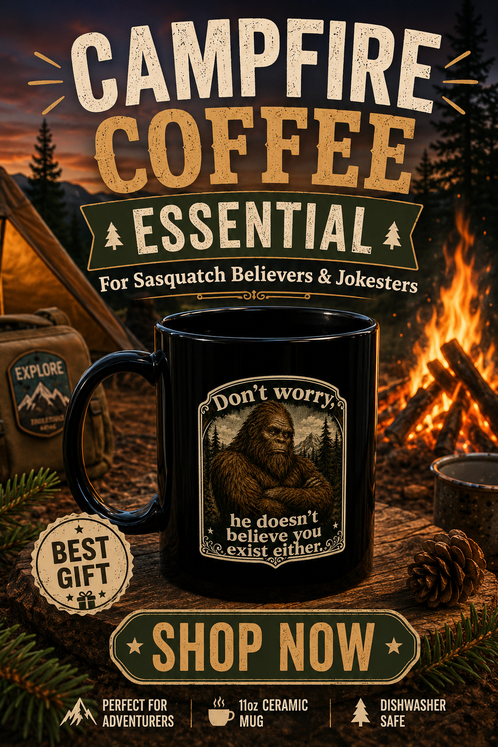 Bigfoot Black Coffee Mug, Funny Sasquatch Cryptid Gift