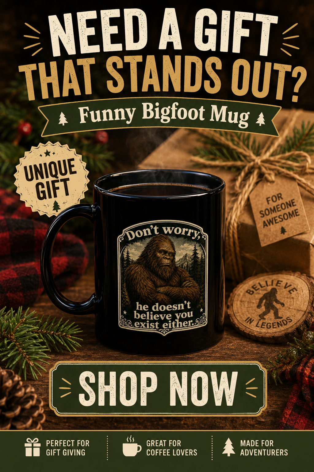 Bigfoot Black Coffee Mug, Funny Sasquatch Cryptid Gift