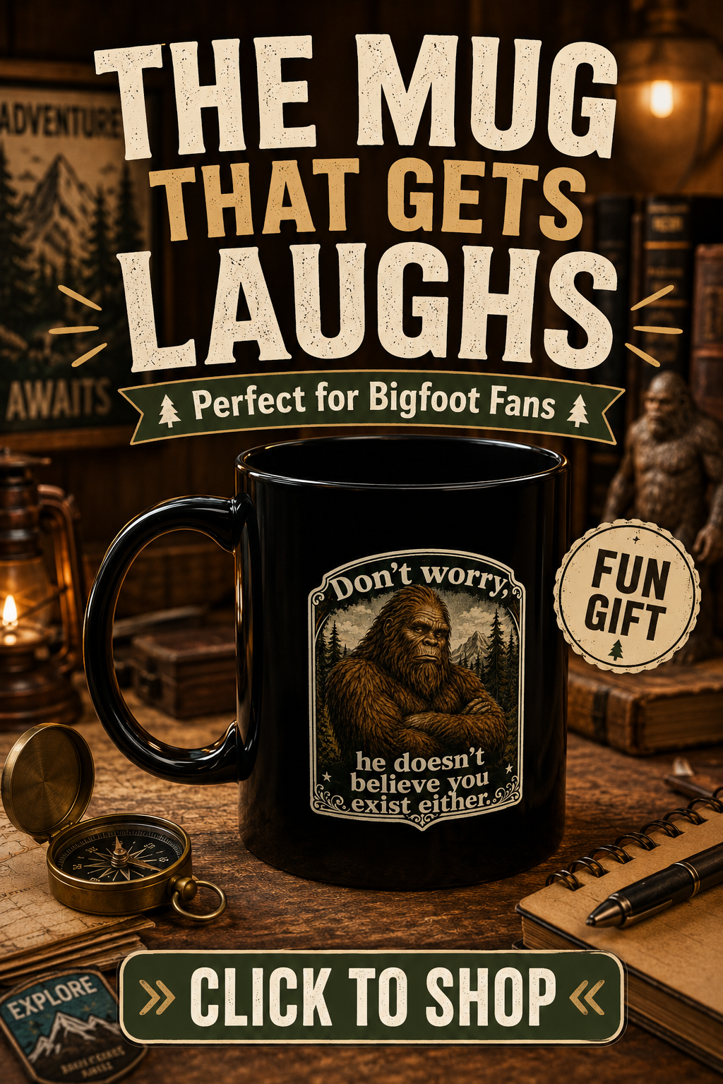Bigfoot Black Coffee Mug, Funny Sasquatch Cryptid Gift