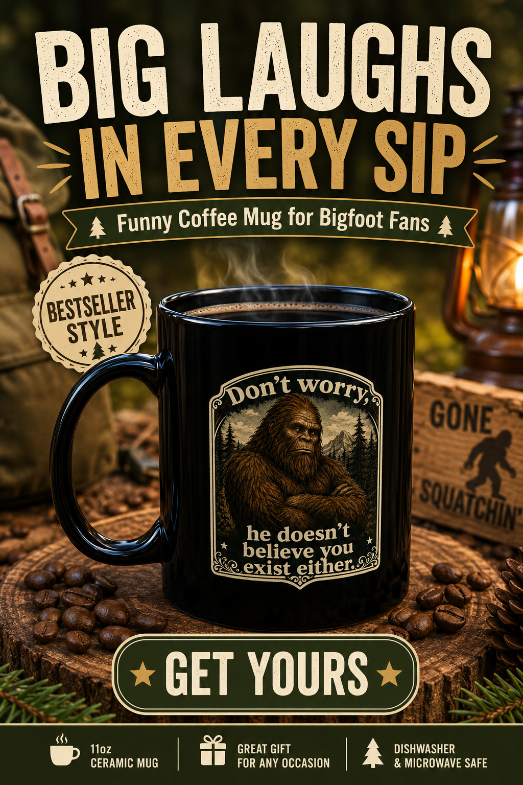 Bigfoot Black Coffee Mug, Funny Sasquatch Cryptid Gift