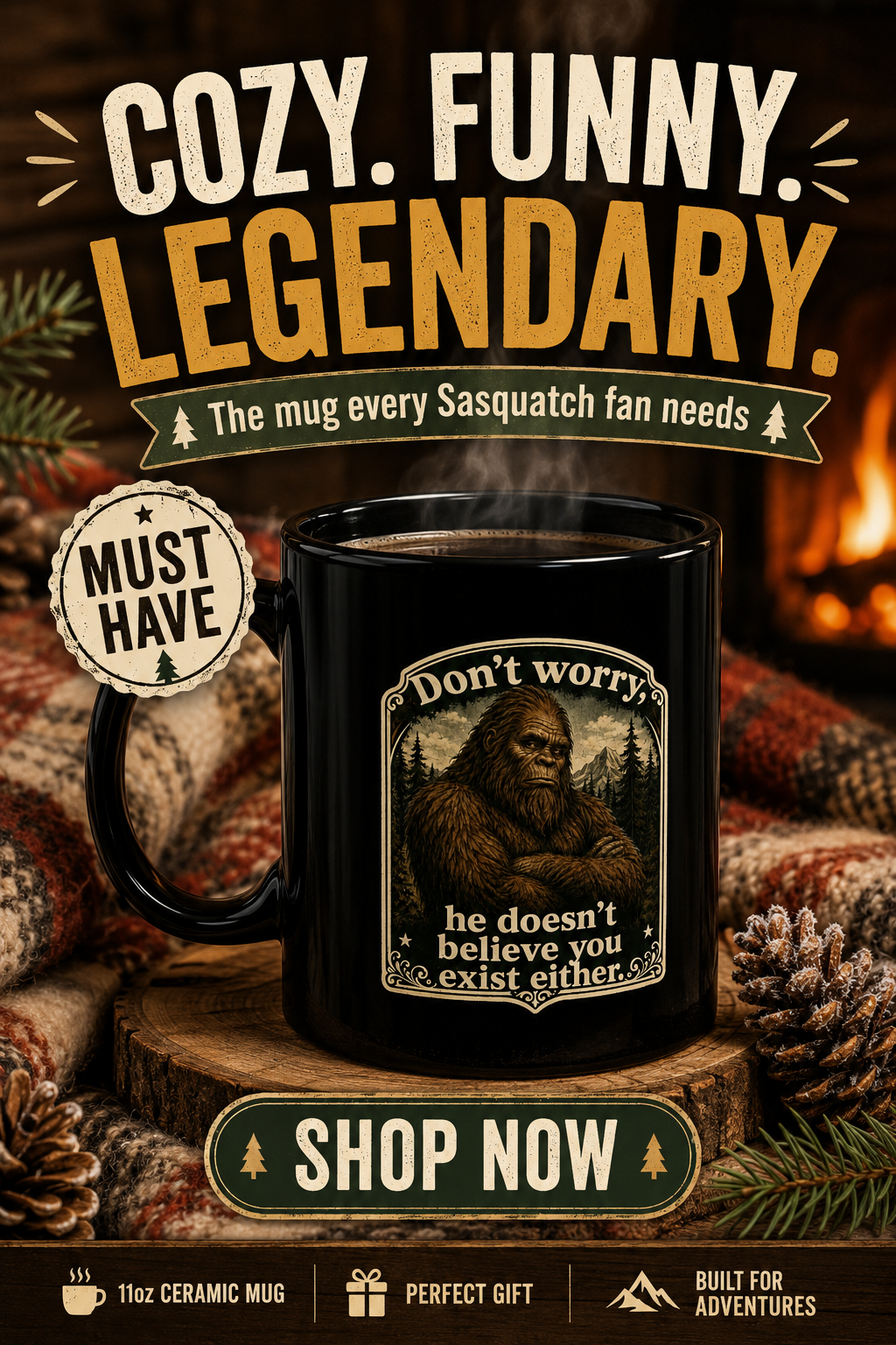 Bigfoot Black Coffee Mug, Funny Sasquatch Cryptid Gift