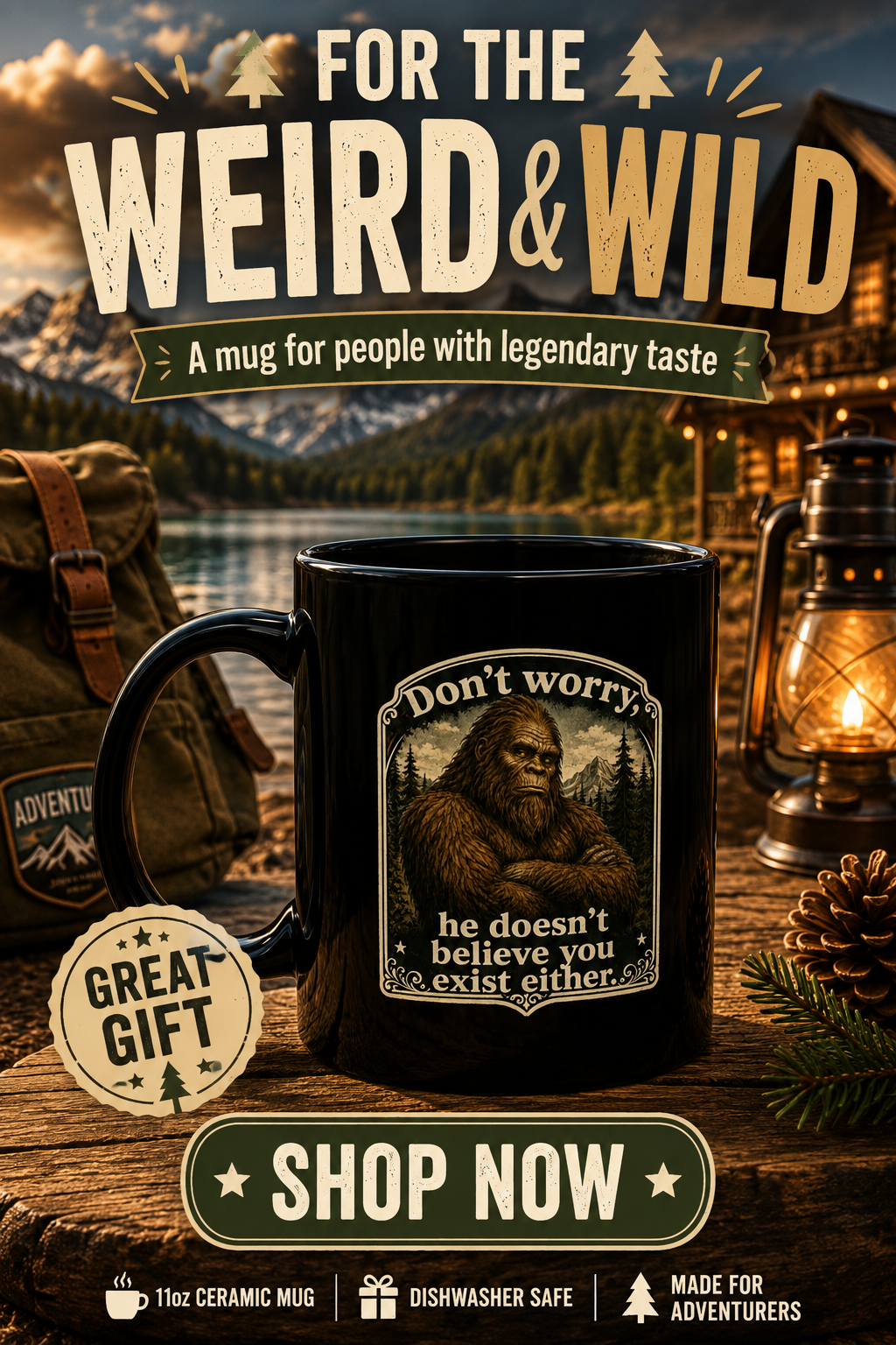 Bigfoot Black Coffee Mug, Funny Sasquatch Cryptid Gift