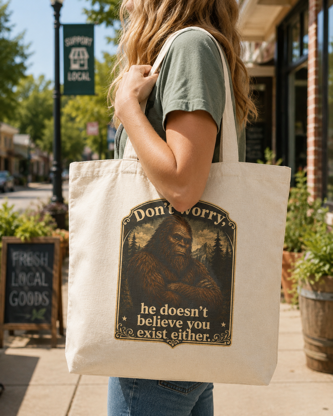 Bigfoot Canvas Tote Bag Dont Worry He Doesnt Believe You Exist Either Sasquatch Humor Cryptozoology Gift Novelty Hiking Cryptid Outdoor Myth