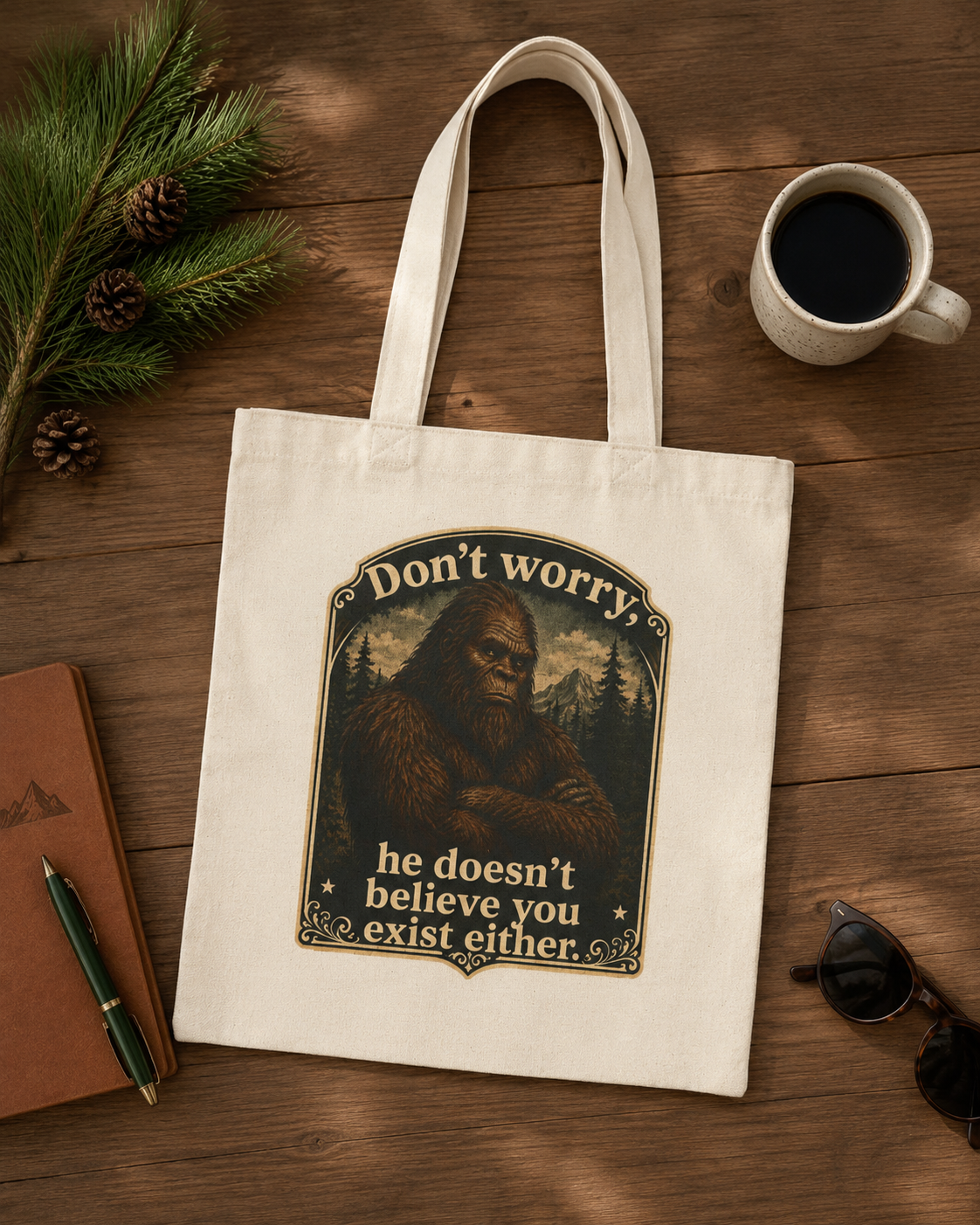 Bigfoot Canvas Tote Bag Dont Worry He Doesnt Believe You Exist Either Sasquatch Humor Cryptozoology Gift Novelty Hiking Cryptid Outdoor Myth