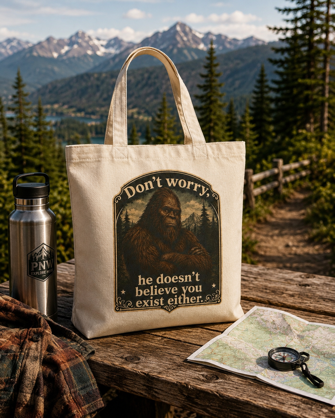 Bigfoot Canvas Tote Bag Dont Worry He Doesnt Believe You Exist Either Sasquatch Humor Cryptozoology Gift Novelty Hiking Cryptid Outdoor Myth