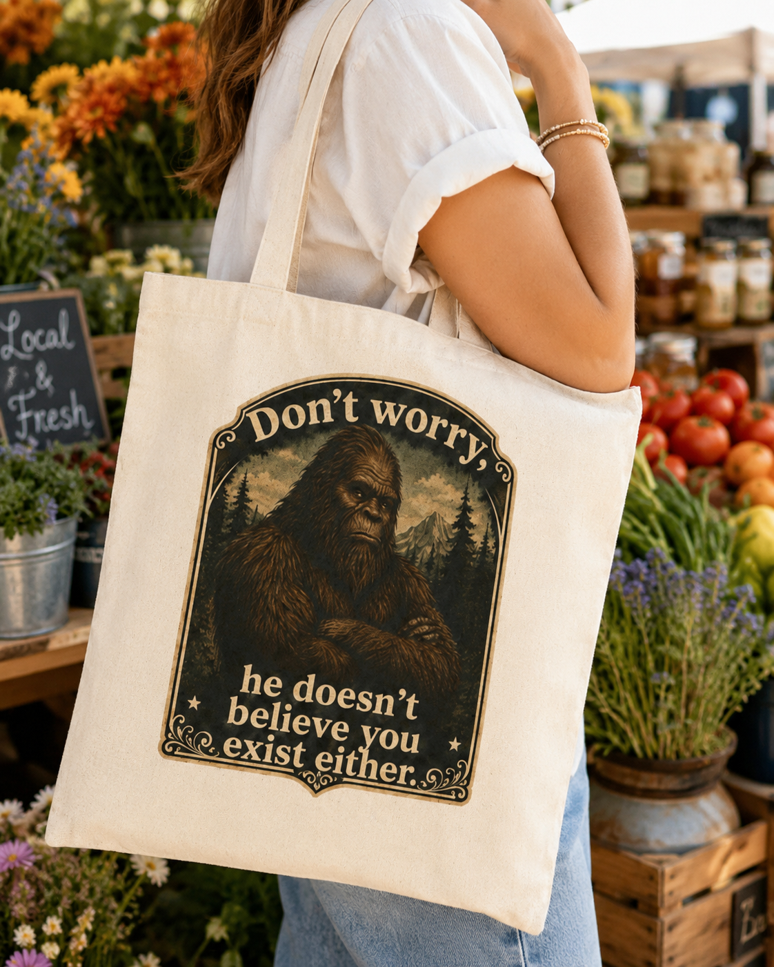 Bigfoot Canvas Tote Bag Dont Worry He Doesnt Believe You Exist Either Sasquatch Humor Cryptozoology Gift Novelty Hiking Cryptid Outdoor Myth