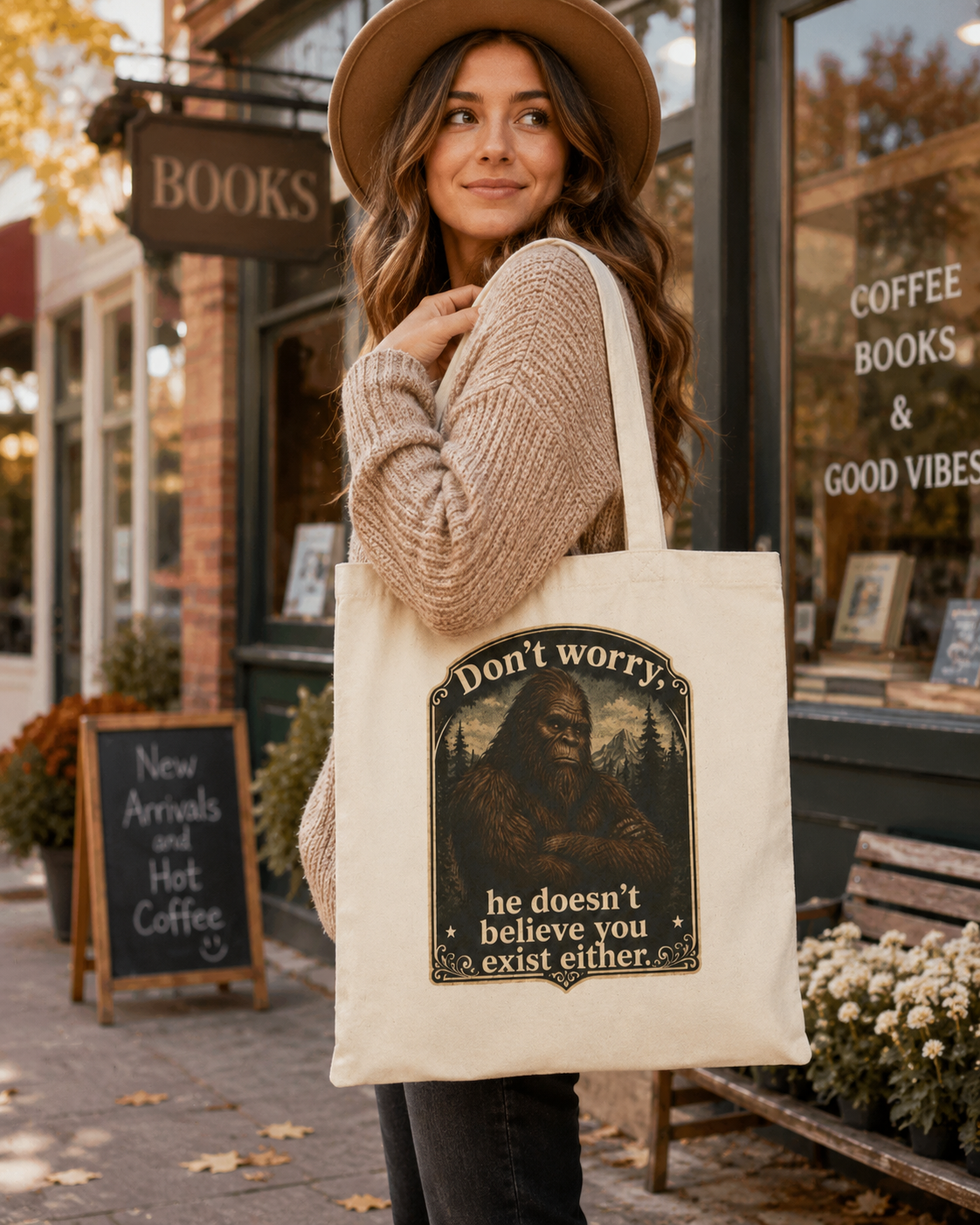 Bigfoot Canvas Tote Bag Dont Worry He Doesnt Believe You Exist Either Sasquatch Humor Cryptozoology Gift Novelty Hiking Cryptid Outdoor Myth