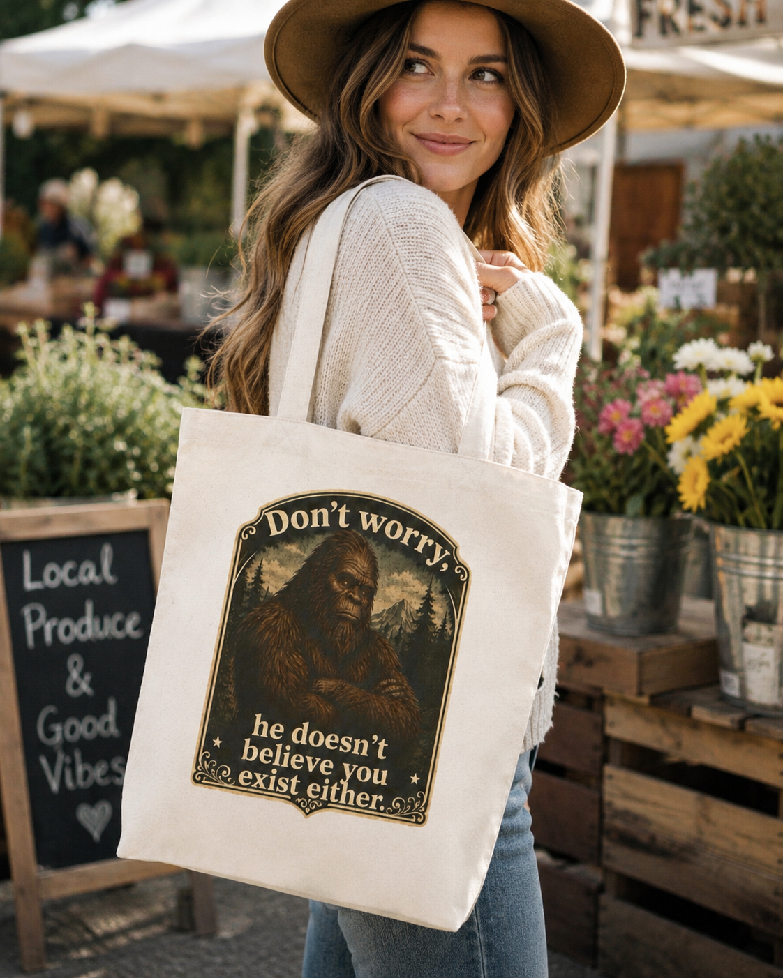Bigfoot Canvas Tote Bag Dont Worry He Doesnt Believe You Exist Either Sasquatch Humor Cryptozoology Gift Novelty Hiking Cryptid Outdoor Myth