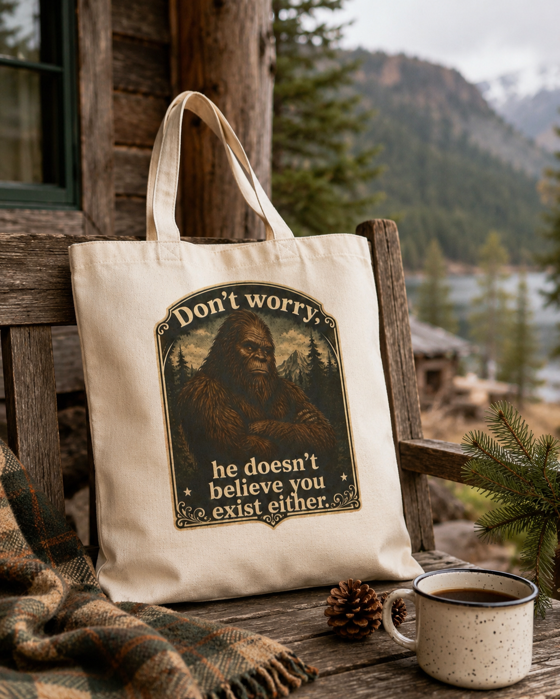 Bigfoot Canvas Tote Bag Dont Worry He Doesnt Believe You Exist Either Sasquatch Humor Cryptozoology Gift Novelty Hiking Cryptid Outdoor Myth