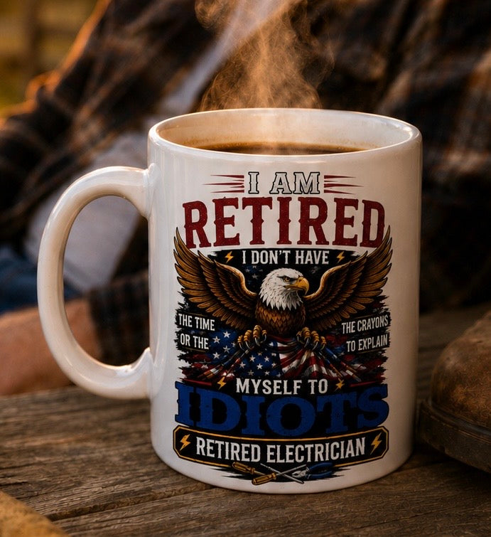 Retired Electrician Coffee Mug, Funny Bald Eagle Retirement Gift