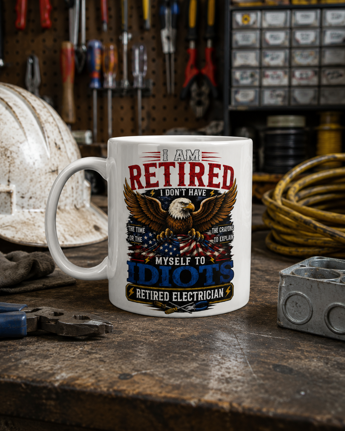 Retired Electrician Coffee Mug, Funny Bald Eagle Retirement Gift