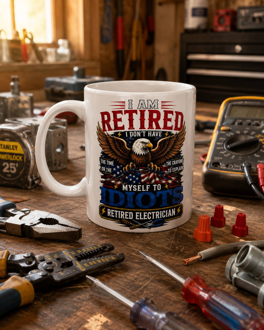 Retired Electrician Coffee Mug, Funny Bald Eagle Retirement Gift