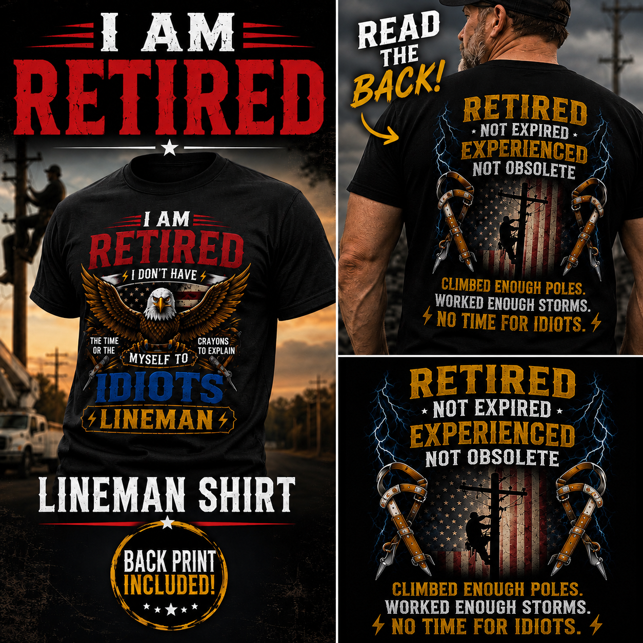 Retired Lineman T-Shirt, Funny Blue-Collar Retirement Gift, Front and Back Print