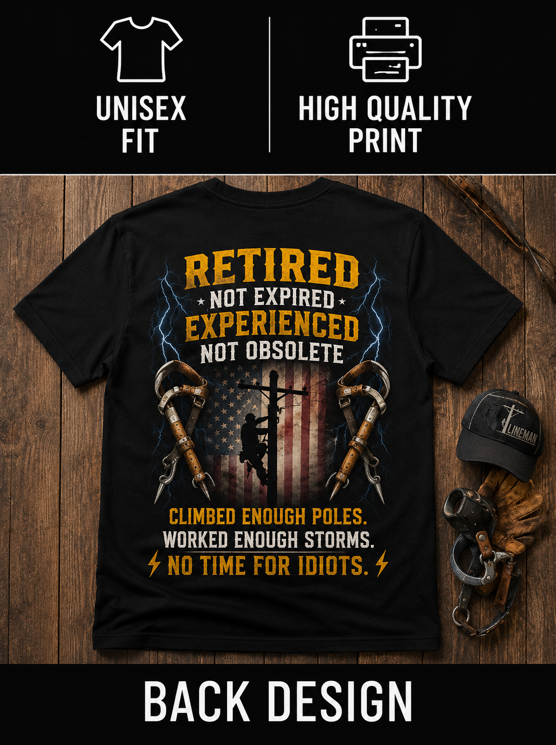 Retired Lineman T-Shirt, Funny Blue-Collar Retirement Gift, Front and Back Print
